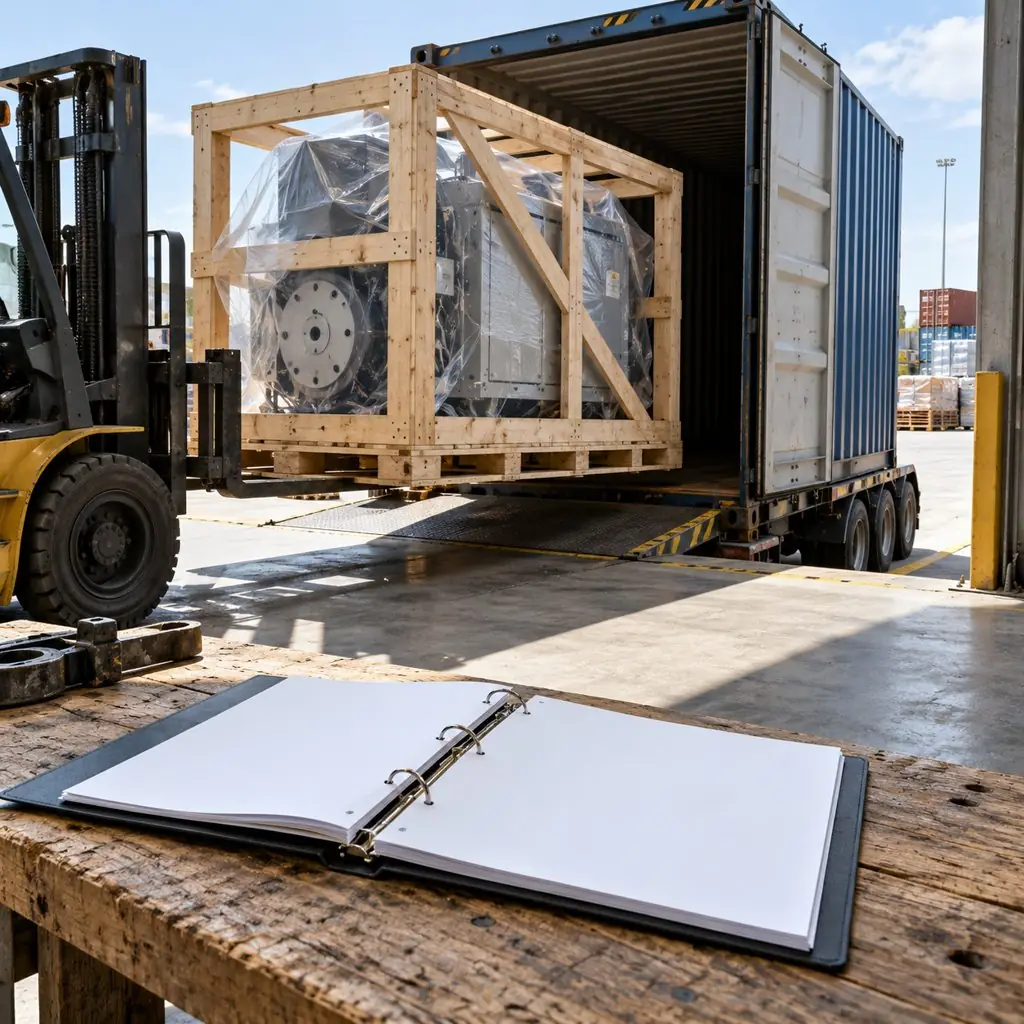 A crated machine being loaded into a shipping container while a folder of compliance documents sits open on a warehouse bench nearby