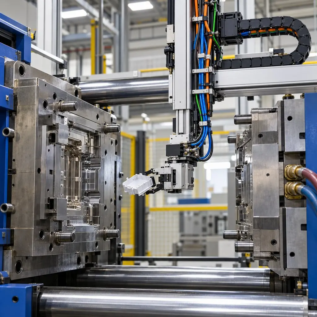 A take-out robot extracting a molded part from an injection molding machine, its dress pack of cables visible along the arm with the mold open behind it