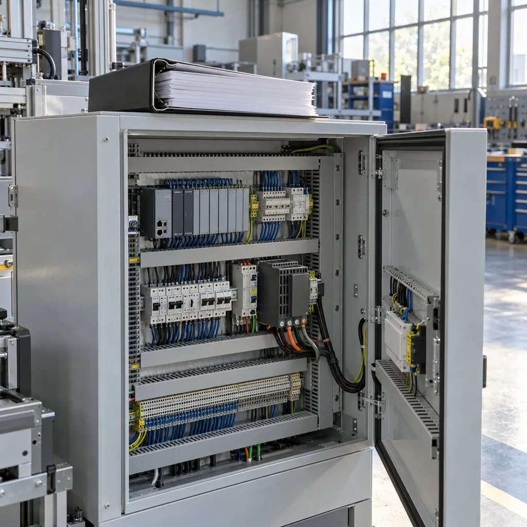 A machine control cabinet with an open door showing wiring and a technical file folder resting on top, in an assembly workshop
