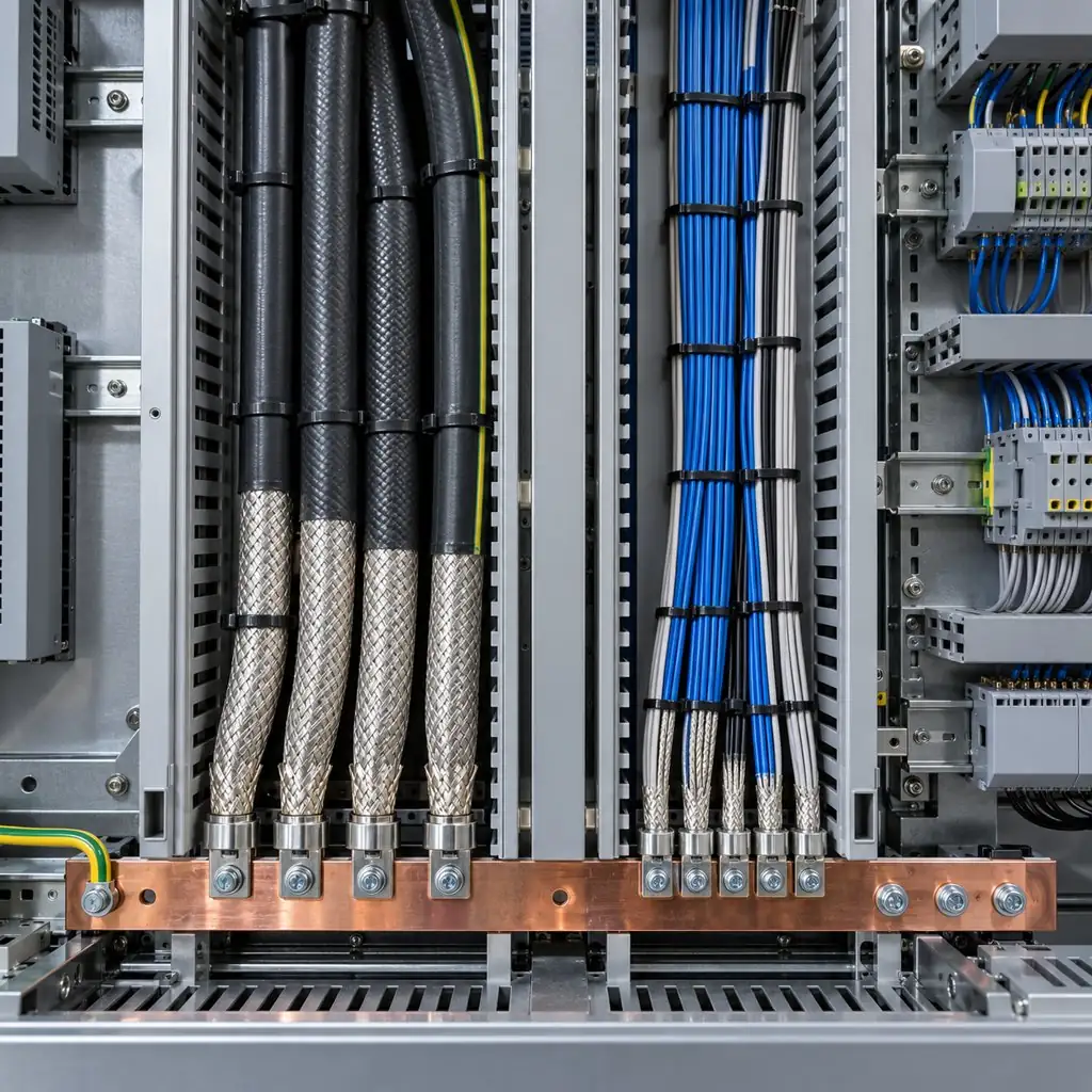 An open electrical cabinet showing separated power and signal cable runs with braided shields landed on a bonding rail