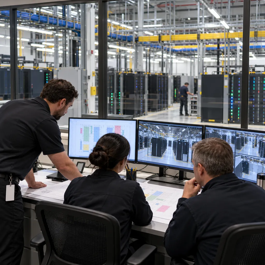 A data center operations team reviewing a maintenance window plan at a control desk overlooking a live white space, with a schedule board and cable trays visible through the glass