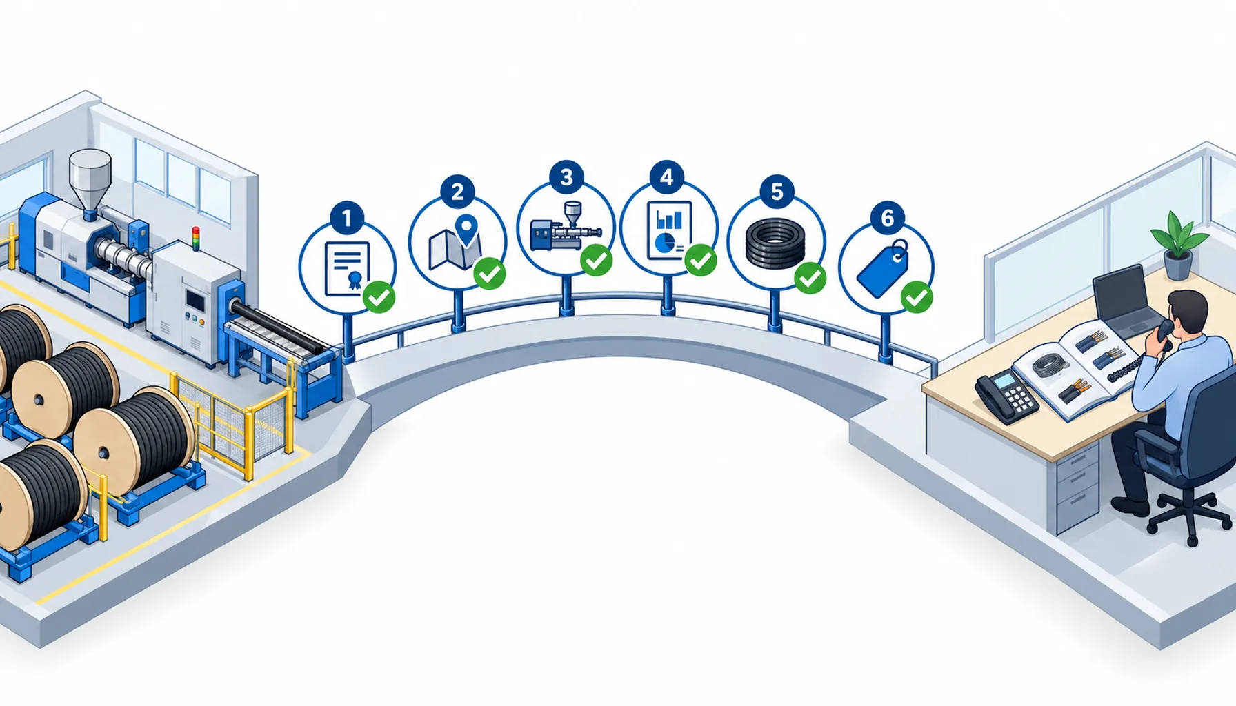 Flat infographic contrasting a factory floor with machines against a trading desk, six check marks bridging them