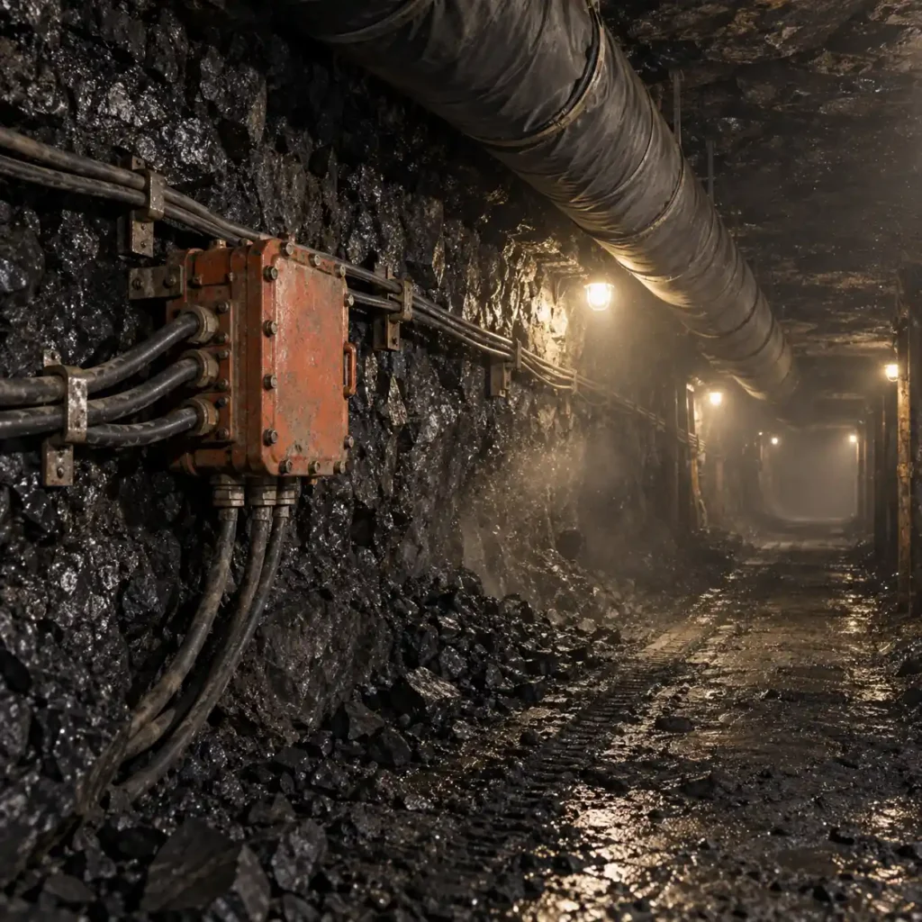 An underground coal roadway with a flameproof junction box and cable on brackets, a ventilation duct running along the roof, dim tunnel lighting with dust in the air, no readable text, no labels