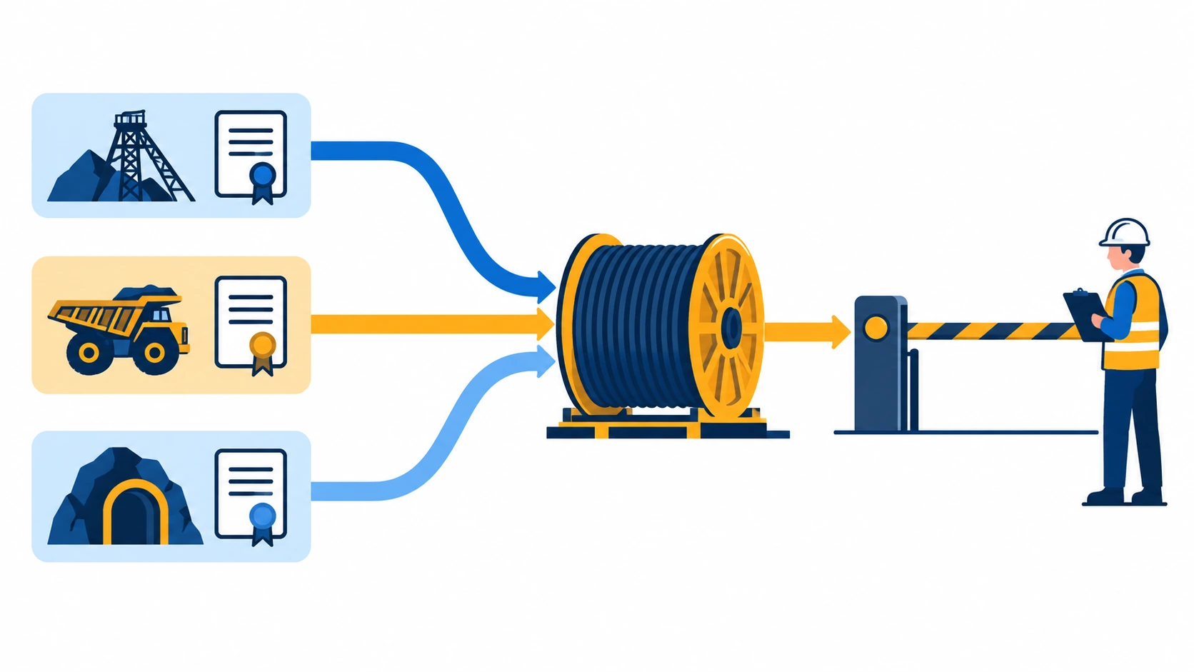 Flat infographic of three approval routes converging on one cable drum: an international certificate, a European marking and a national mining safety mark, all leading to a destination mine with an inspector checking the drum at the gate