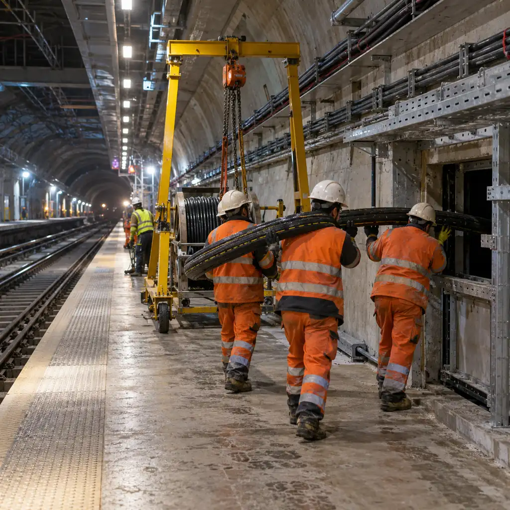 A metro station platform under construction with cable on brackets and in tray along the tunnel wall, a gantry and a length of armoured cable being carried towards an opening, dim service lighting, no readable text, no labels