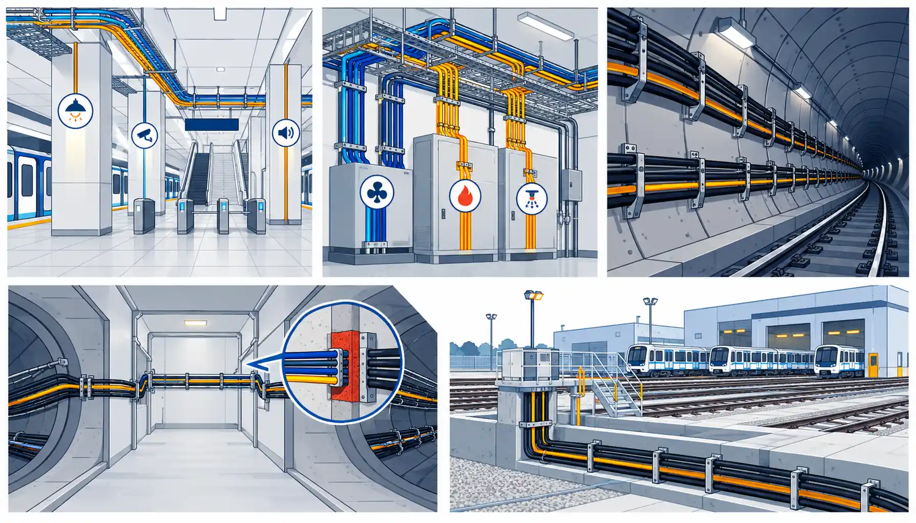 Flat infographic of a metro cable package split by location: a station concourse with cable in accessible voids, a plant room with trays, and a running tunnel with cleated armoured cable and a cross passage boundary