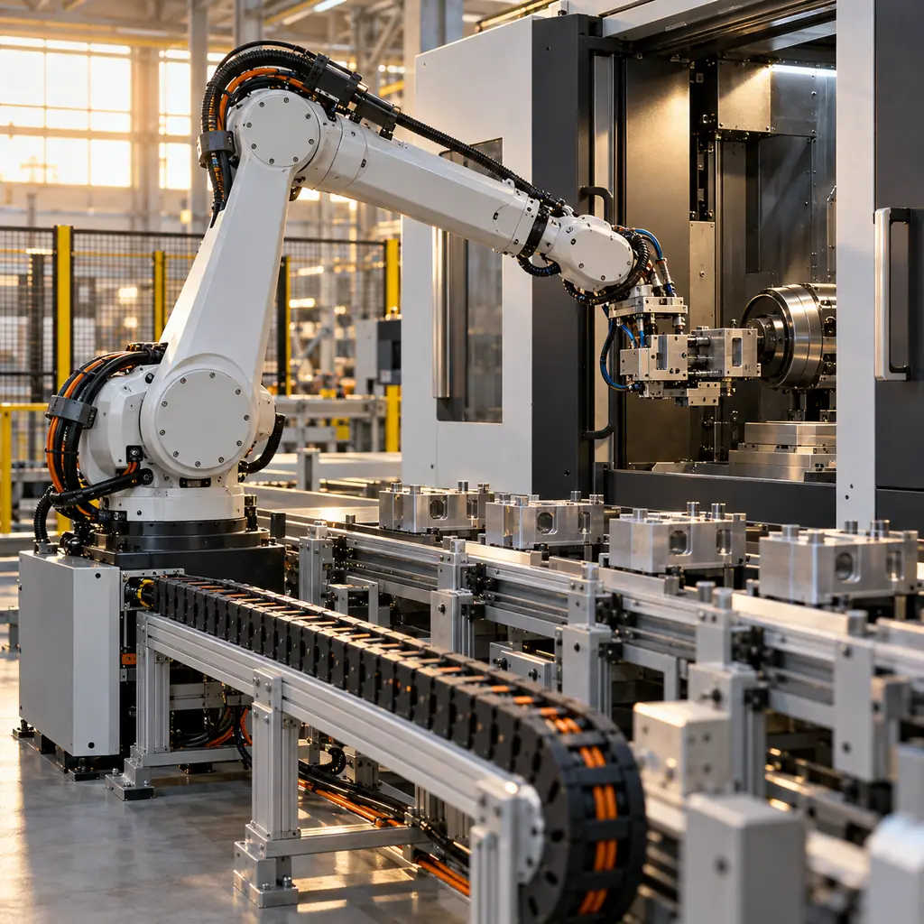 A modern Mexican manufacturing plant with a robot cell loading a machine and flexible cable routed in a carrier along the production line
