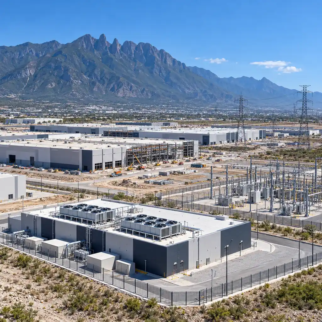 Monterrey industrial park with new factories, a data hall and transmission lines under northern Mexico mountains