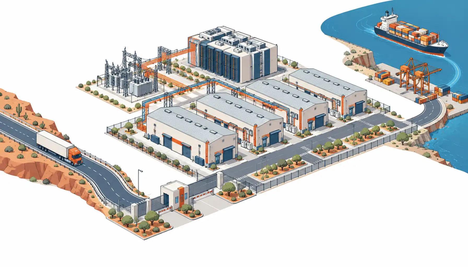 Isometric illustration of factory parks electrifying with a data hall following and two supply routes converging
