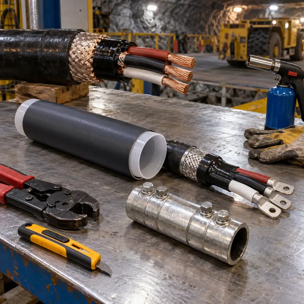A mining cable joint kit laid out on a bench beside a prepared cable end, with a cold shrink tube, a screened termination and a coupler, plus hand tools and a torch, clean industrial lighting, no readable text, no labels