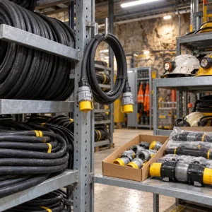 A mine store with coils of rubber-sheathed cable on racks, a pre-terminated jumper cable hanging on a hook, a box of couplers and joint kits on a shelf, mining helmets nearby, industrial lighting, no readable text, no labels