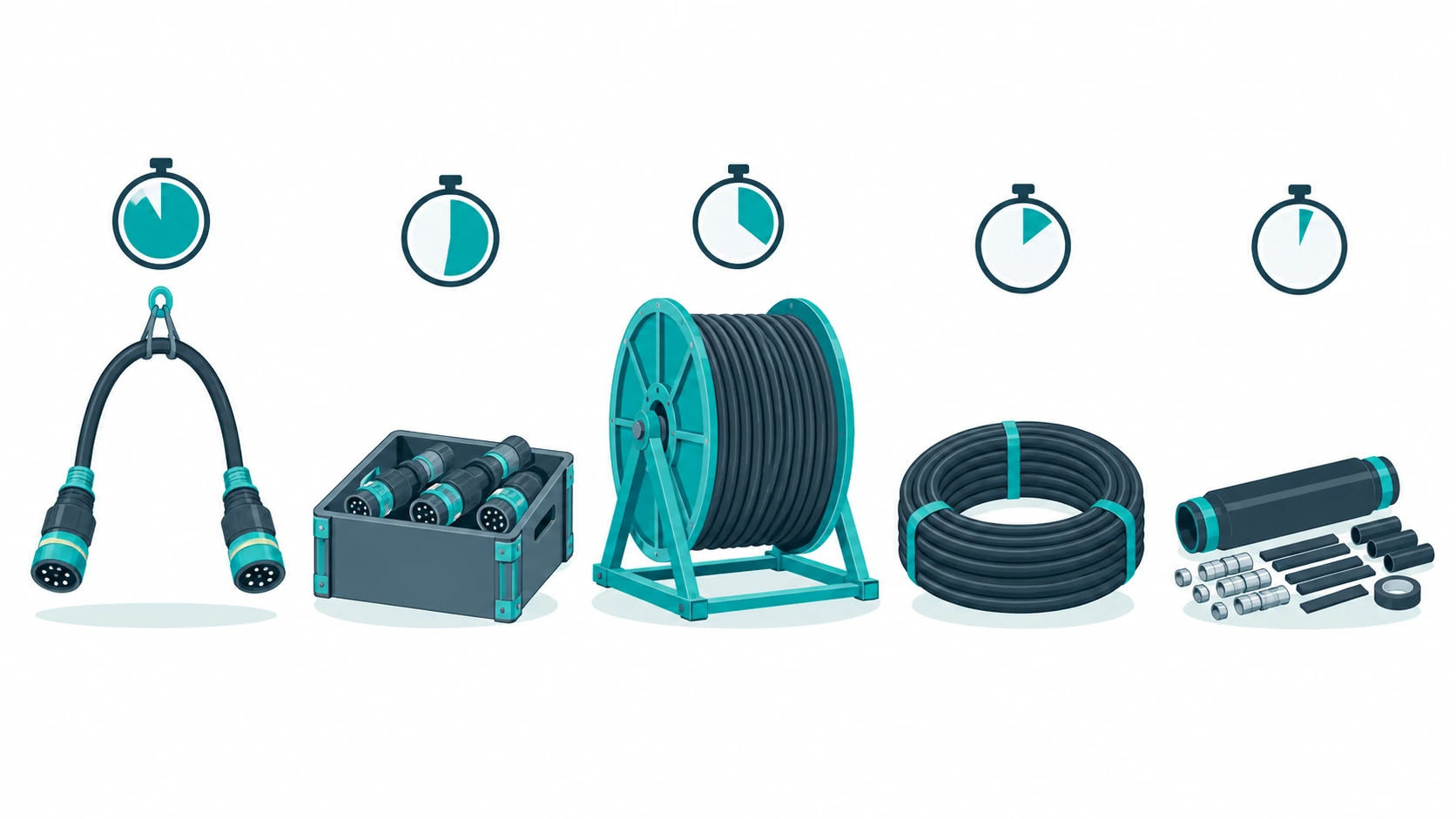 Flat infographic of mine cable spares ranked by restart value: a hanging pre-terminated jumper, a coupler box, a cable drum on a stand, a coil of service cable and a joint kit, each with a restart time icon above