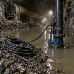 A submersible dewatering pump cable coil resting on wet gravel beside a pump standpipe in a mine sump, a ventilation duct and fan housing in the background, dim tunnel lighting with dust in the air, no readable text, no labels