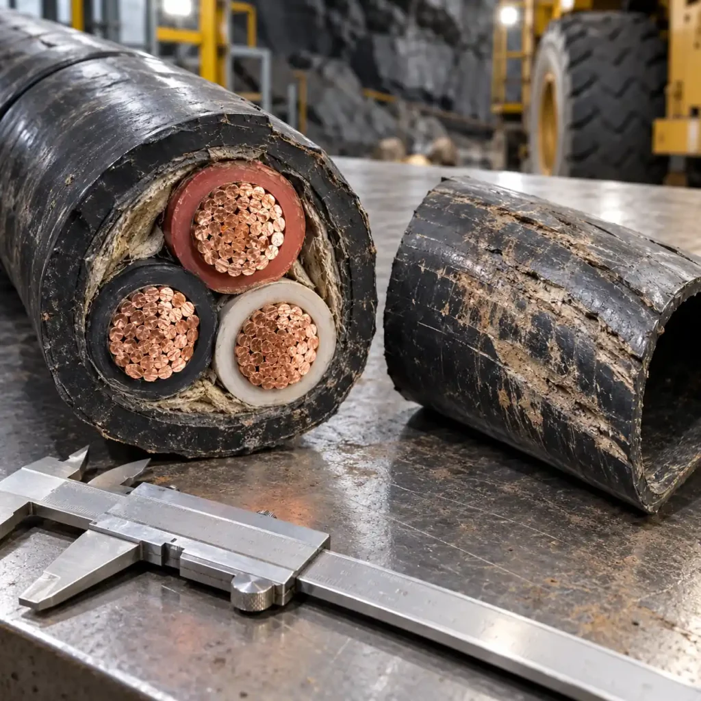 A cut end of a heavy black rubber-sheathed mining cable on a bench, showing the thick outer jacket, insulation and copper strands, another jacket sample beside it showing surface scoring from rock drag, clean industrial lighting, no readable text, no labels