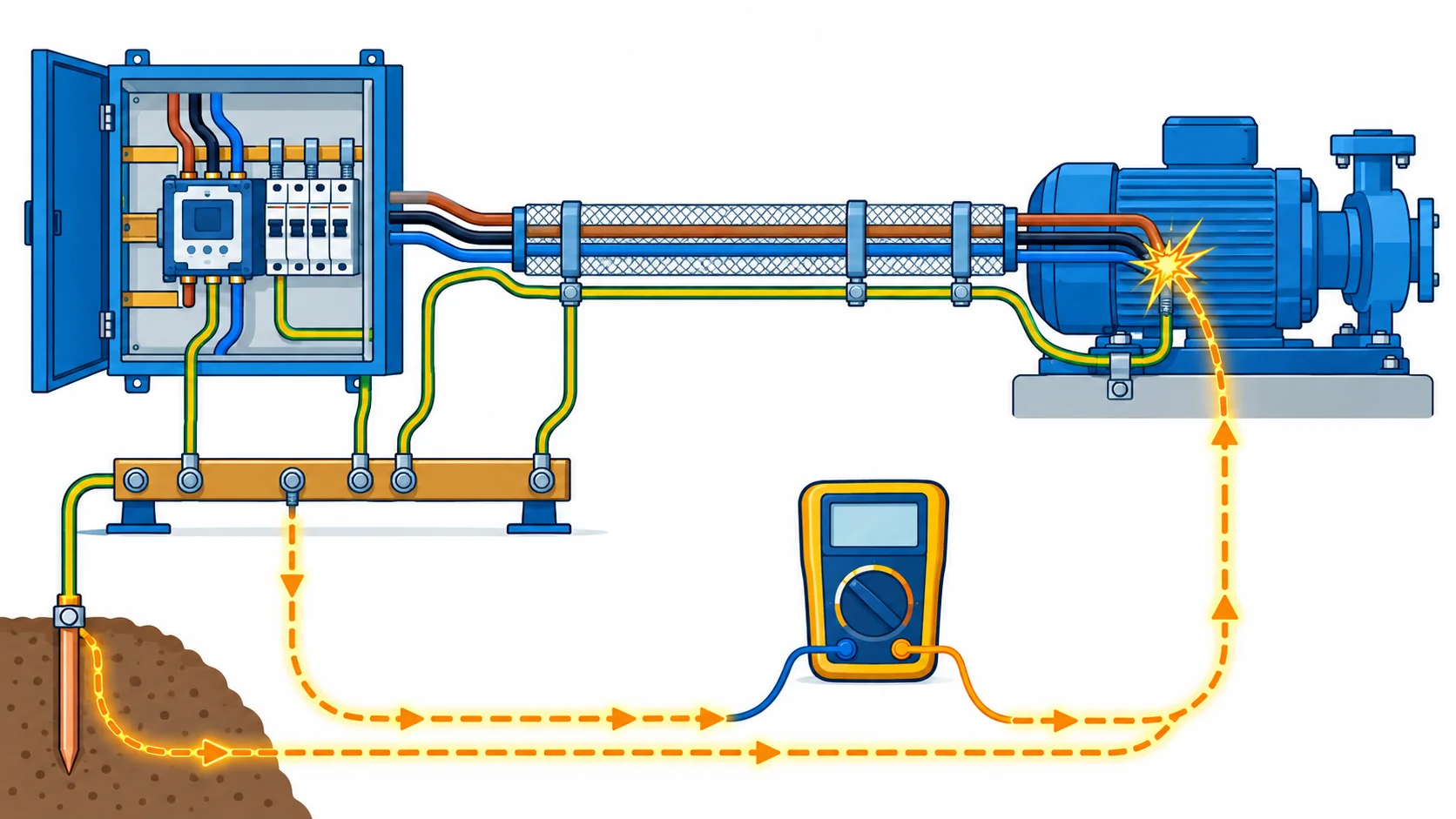 Flat infographic of a mine low voltage protection scheme: a distribution board, an earth leakage relay, a screened feeder and an earth bar, with the earth fault loop drawn as a highlighted circuit and a loop impedance meter beside it