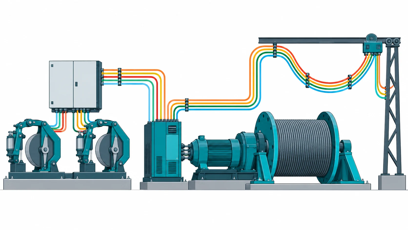 Flat infographic of a mine winder cable system: brake units, a control cabinet, a converter, a festoon loop over a trolley and an earth bar, linked by five colour coded circuit paths
