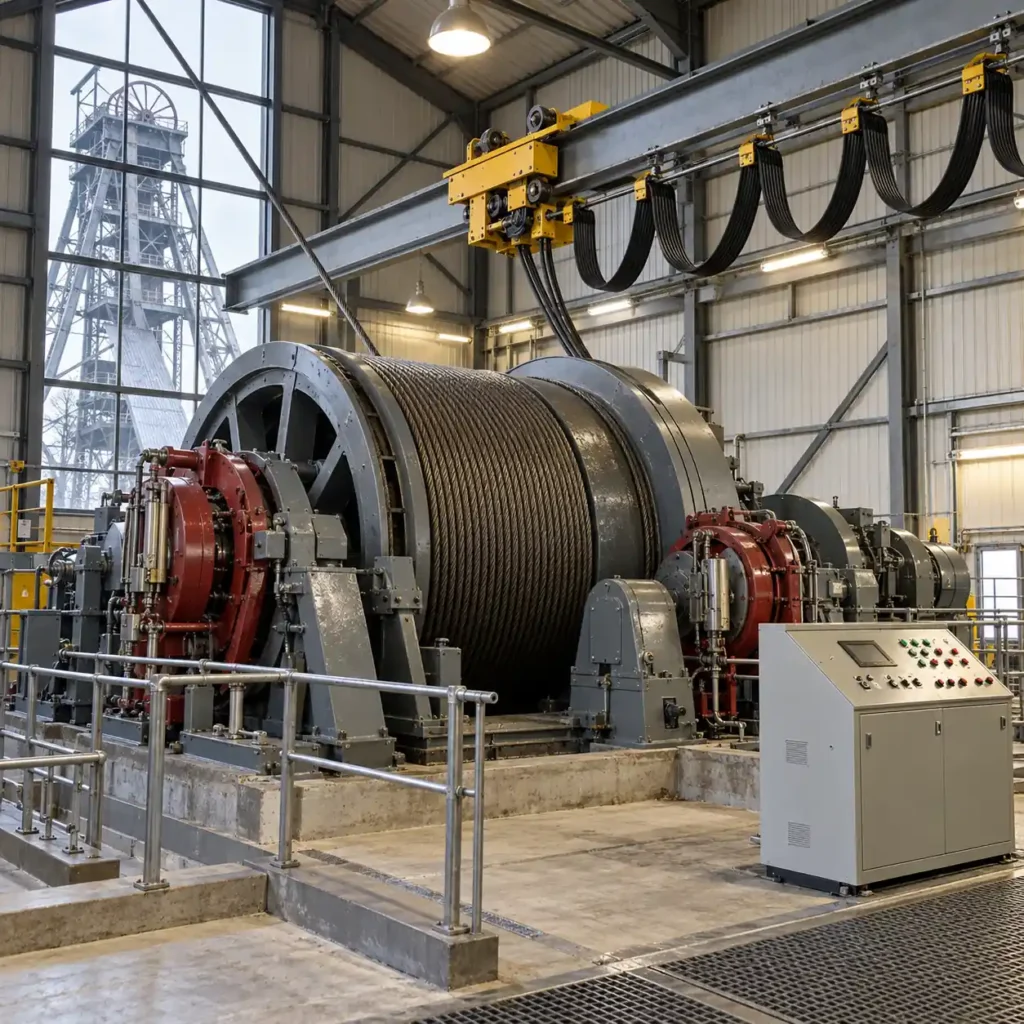 A mine winder house interior with a large drum winder and a control cabinet, flat festoon control cable looping along a moving trolley above the drum, brake units beside the drum, industrial lighting, no readable text, no labels