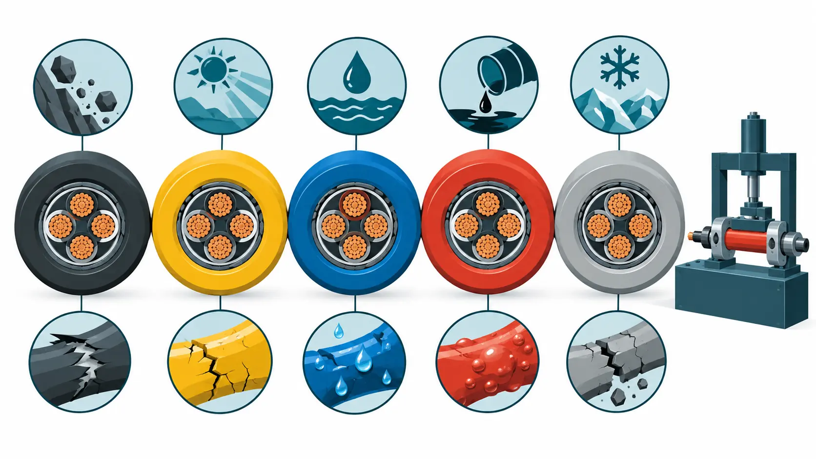 Flat infographic comparing five mining cable jacket compounds as layered cable cross-sections in a row, each marked with a damage mechanism icon above and a failure mode icon below