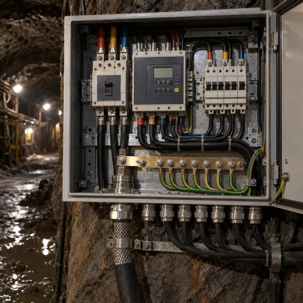 A low-voltage mine distribution board with an earth leakage relay and a row of cable glands, a screened cable entering from below, an earth bar with several conductors bolted to it, dim tunnel lighting, no readable text, no labels