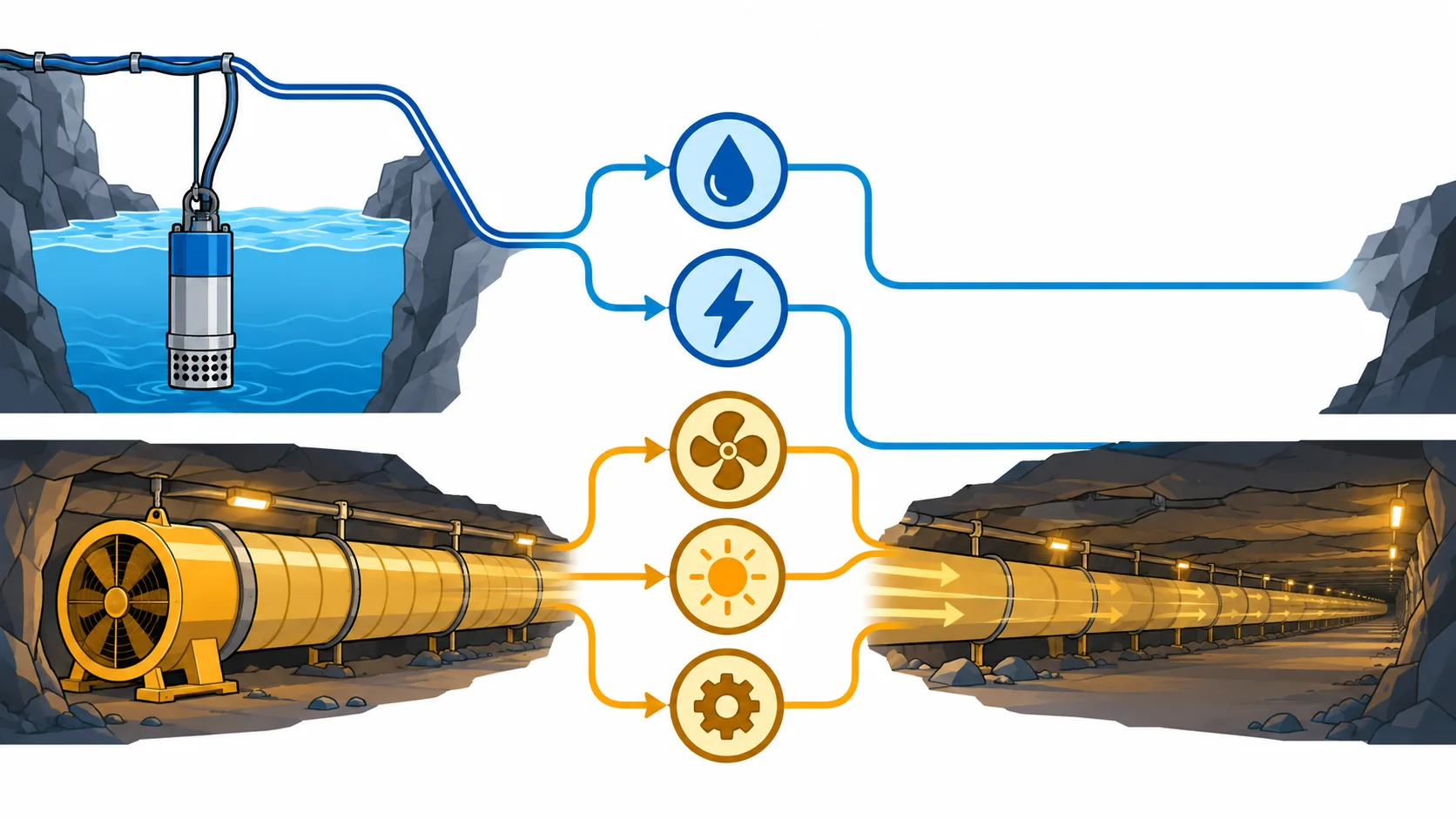 Flat infographic mapping mine service circuits: a submersible pump in a flooded sump on one side, a long fan feeder running down an airway on the other, and a row of five service circuit icons between them