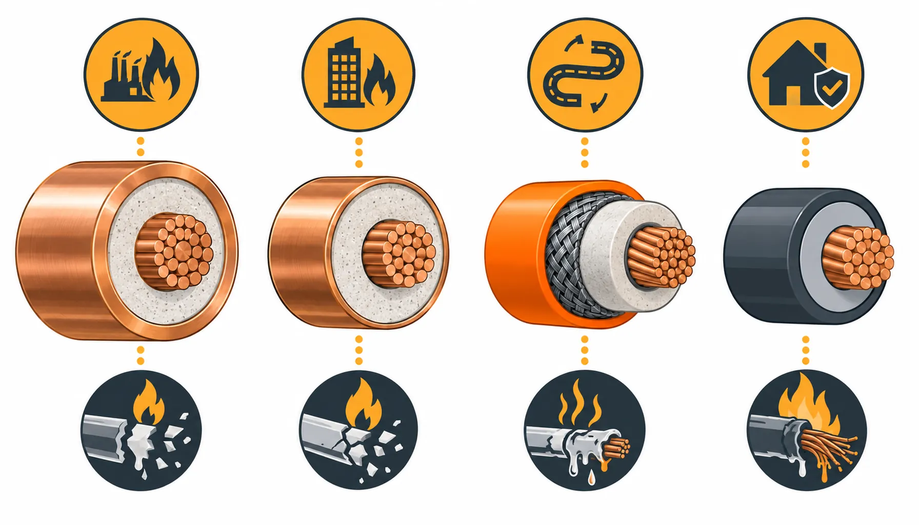Flat infographic comparing heavy sheath, light sheath, flexible fire rated and ordinary constructions, each as a cable cross-section with its best duty icon above and its failure mode icon below