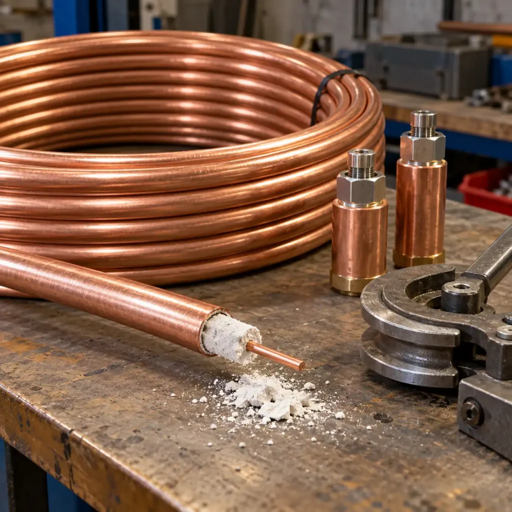 A coil of copper-sheathed mineral-insulated cable on a workbench beside a stripped end showing the magnesium oxide powder and copper core, termination pots and a bending tool nearby, workshop lighting, no readable text, no labels