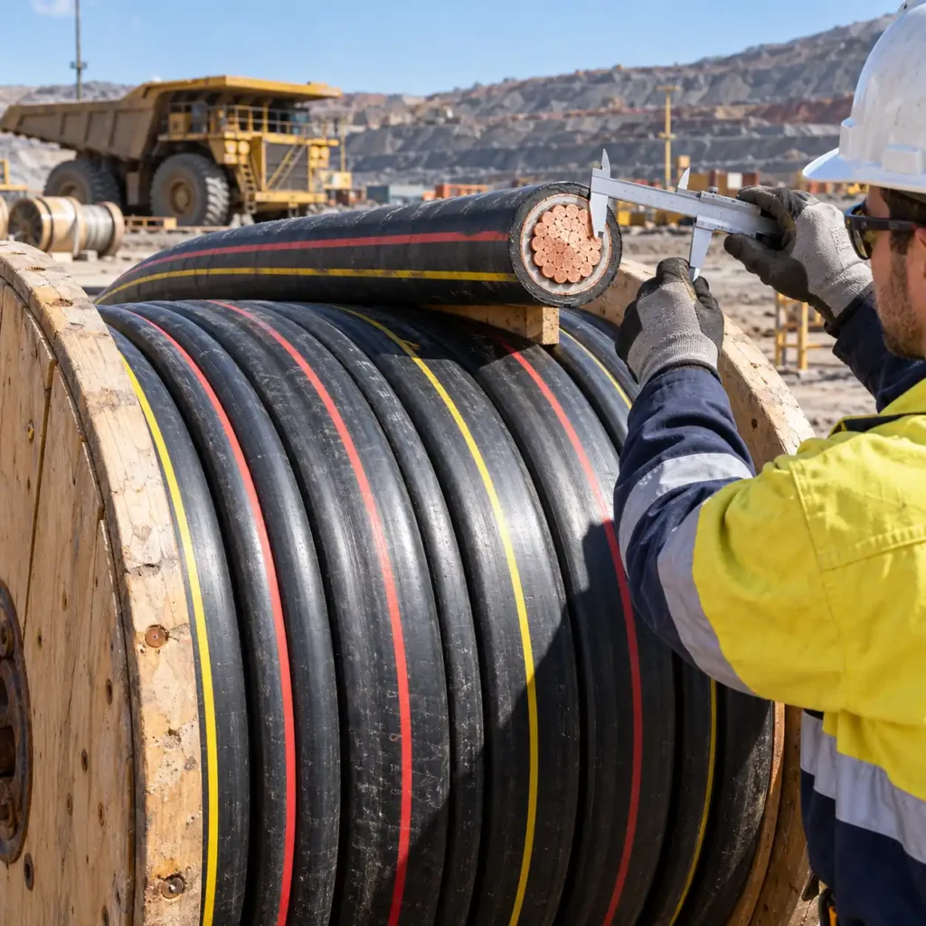 An incoming mining cable drum on a yard with the sheath marked and a cut sample of the cable laid on top, a technician holding calipers next to a conductor cross-section, daylight, no readable text, no labels