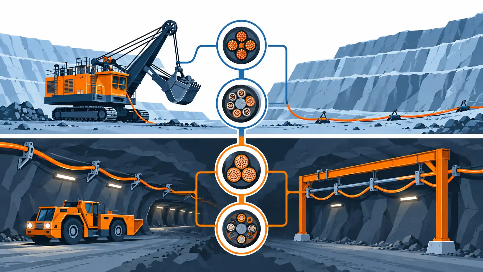 Flat infographic mapping mining cable duty: an open-pit bench with a trailing cable to a shovel on one side, an underground roadway with a fixed feeder on the other, and a row of cable family icons between them