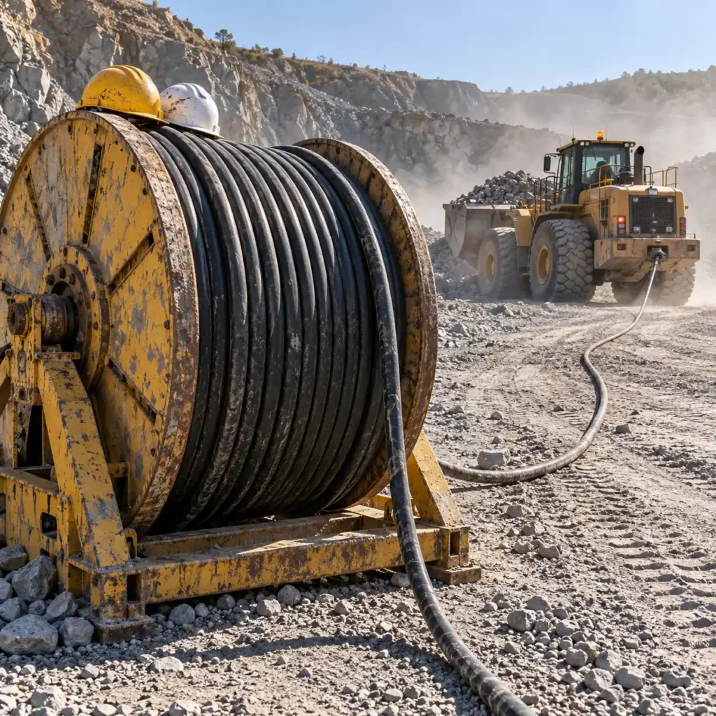 A cable drum of heavy rubber-sheathed mining cable on a haul road loading area, a trailing cable running to a wheel loader in the background, dust and gravel surface, hard hats on the drum, harsh daylight, no readable text, no labels