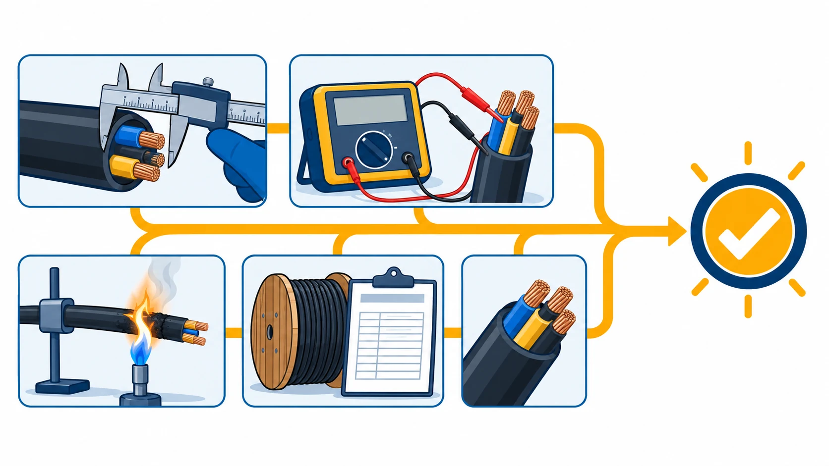 Flat infographic of mining cable incoming inspection: five grouped test panels showing calipers on a cut sample, a resistance meter, a flame test and a drum certificate leading to an acceptance stamp