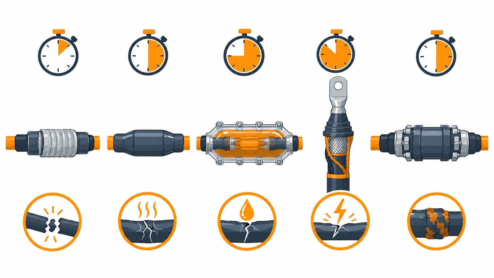 Flat infographic comparing mining cable joint and termination options: a cold shrink joint, a heat shrink joint, a cast joint, a screened termination and a coupler laid out in a row with an installation clock above each