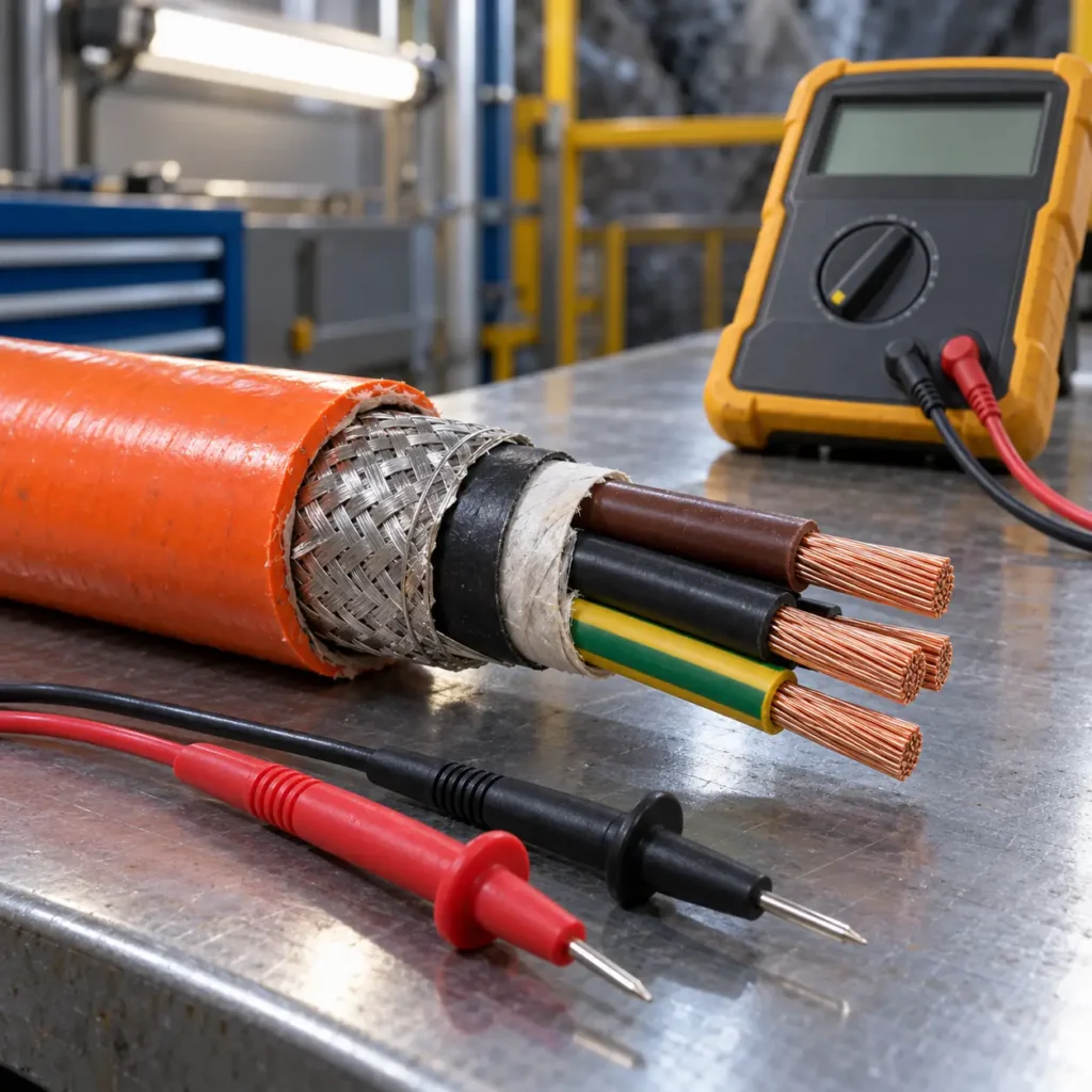 A length of flame-retardant mining cable with the sheath partly stripped back showing insulation and screen, laid on a test bench beside a resistance meter, clean industrial lighting, no readable text, no labels