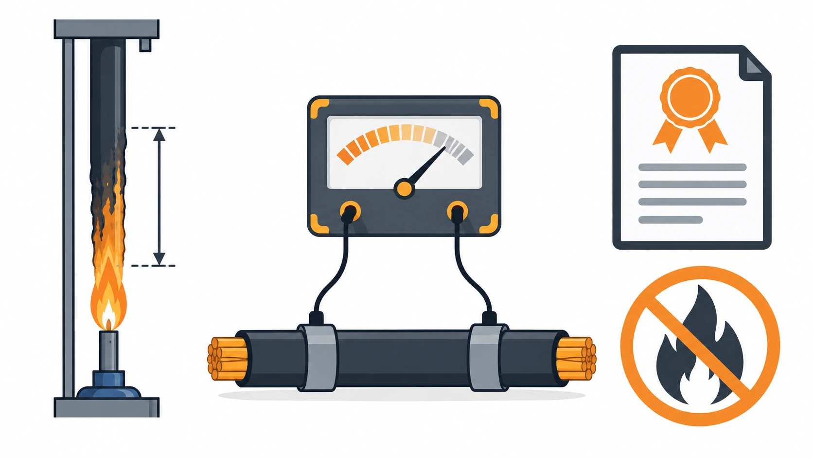 Flat infographic of two test concepts side by side: on the left a vertical flame spread sample with a marked spread distance, on the right a sheath sample under a surface resistance measurement, with a certificate icon between them and a crossed out circuit integrity icon below