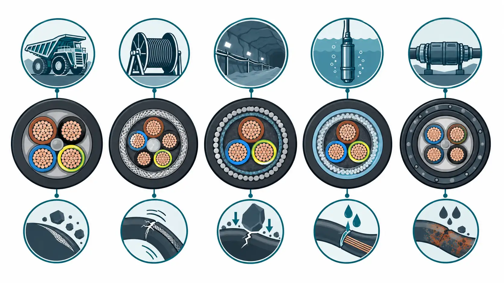 Flat infographic of rubber-sheathed mining cable families: five simplified cable cross-sections in a row, from a mobile machine cable to a reeling cable, an underground feeder, a submersible pump cable and a coupler, each with a small duty icon above it