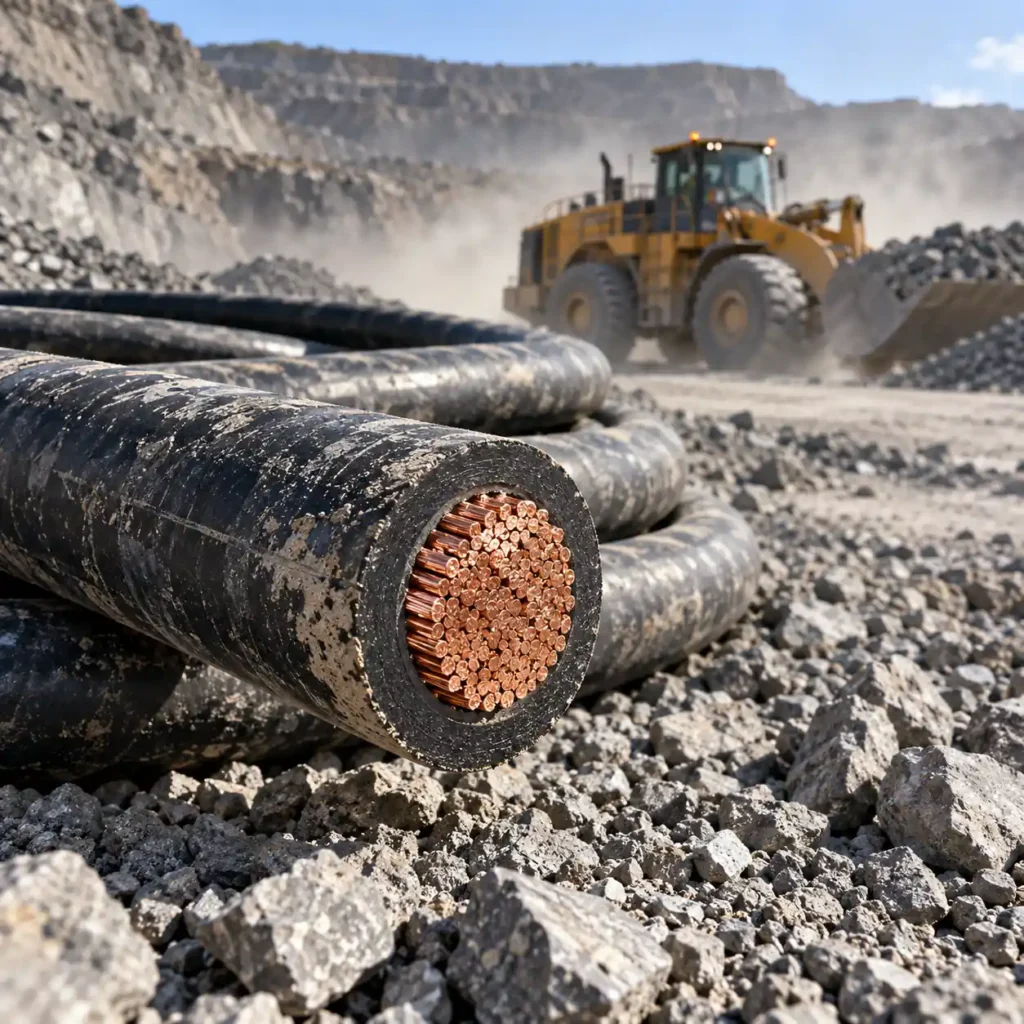 A coil of heavy rubber-sheathed mining cable on a gravel bench with the cut end showing stranded copper conductor and thick rubber sheath, a loader blurred in the background, hard daylight, no readable text, no labels