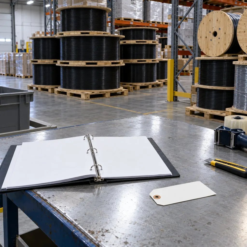 An inspector comparing a cable drum label against a delivery document in a warehouse, with reels of cable stacked behind on pallets