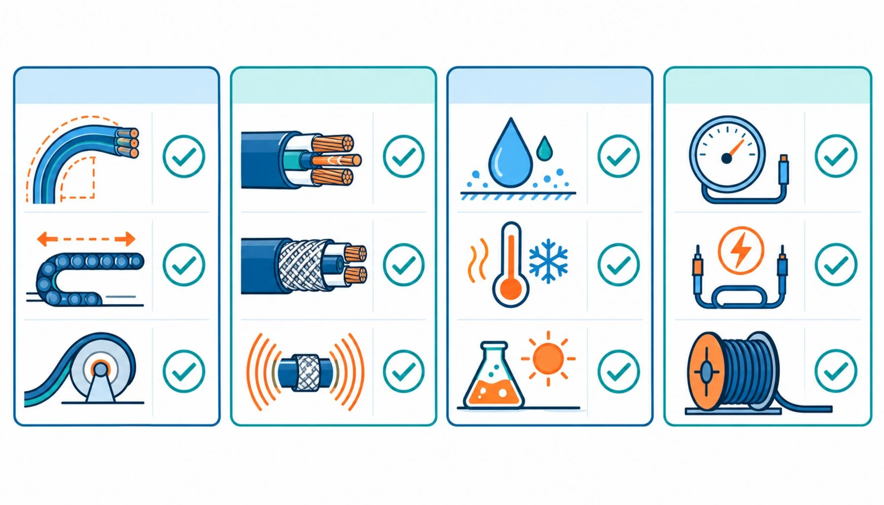 Flat infographic of a four-section checklist board covering duty, electrical, materials and supply with evidence icons