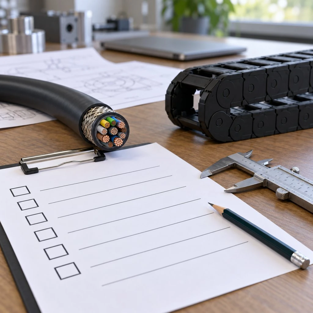 An engineer at a workbench reviewing a printed cable specification checklist beside a sample of flexible motion cable and a cable chain segment