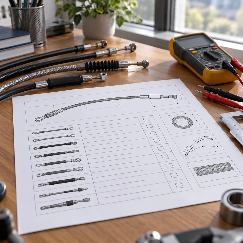 An engineer reviewing a printed motion cable specification sheet beside cable samples and a multimeter on a desk