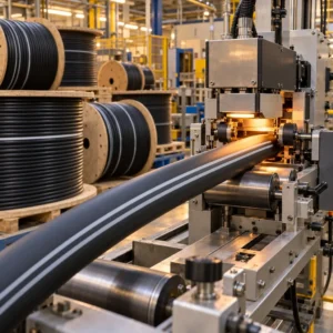 A cable production line mid-run with reels of specialty jacketed cable staged beside a printing unit applying jacket marking