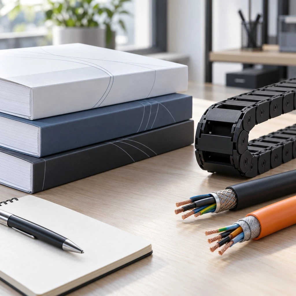 A stack of technical standards documents beside a cable carrier segment and cable samples on an engineer's desk
