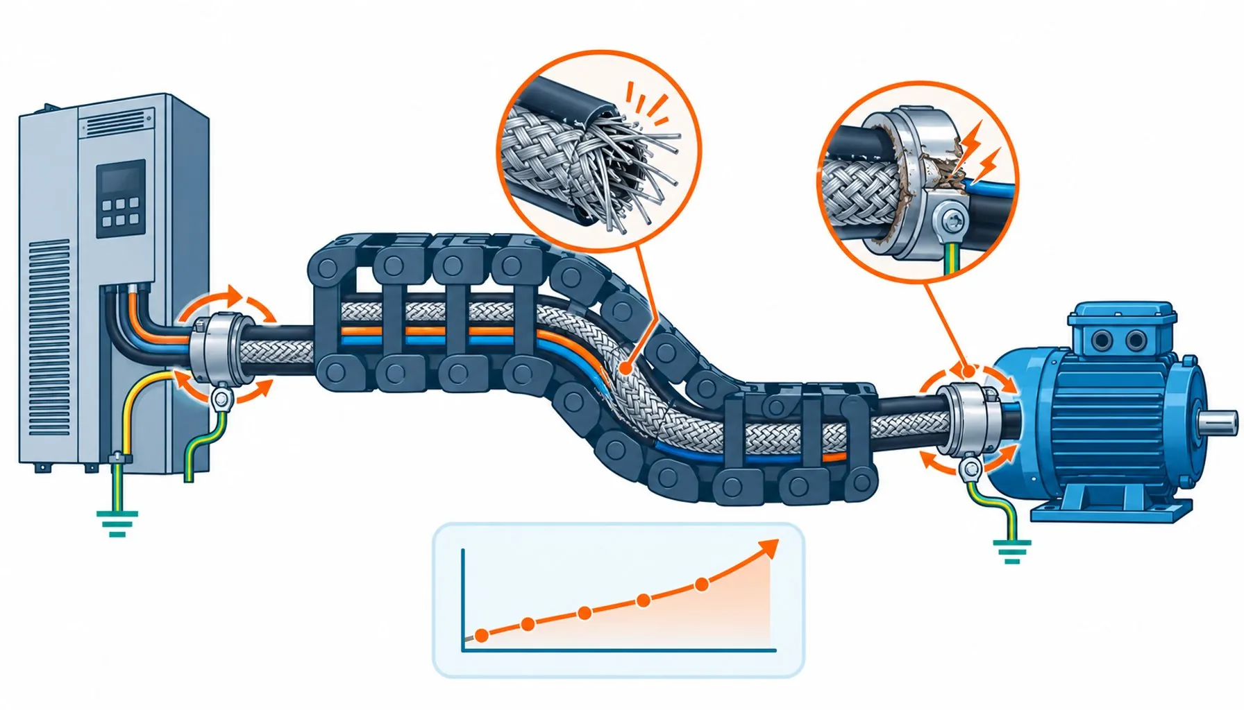 Flat infographic of a moving cable path with shield continuity icons at both ends and degradation markers along the bend zone