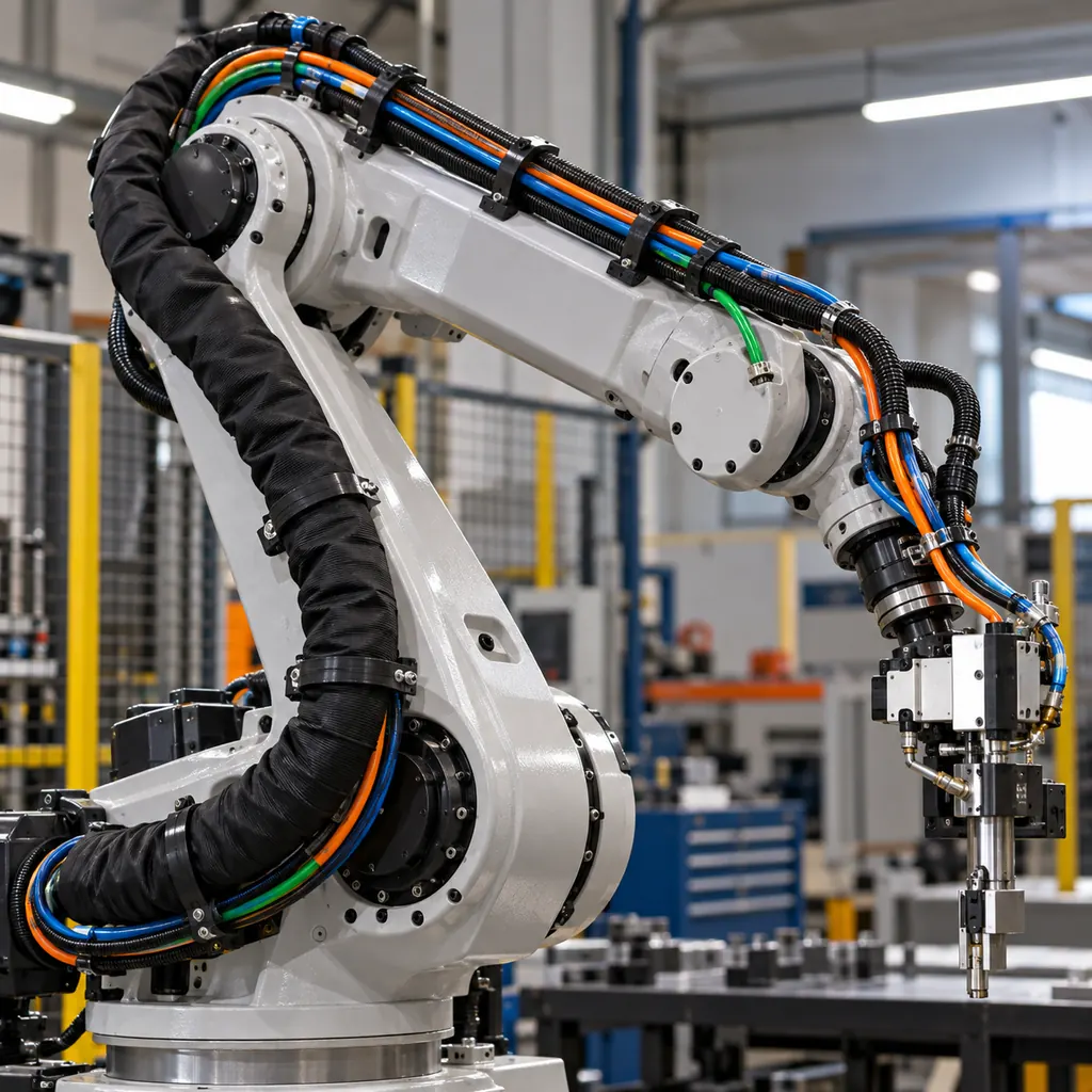 Photorealistic scene: a multi-axis robot arm with a grouped cable bundle running along the links, clamps at even spacing, a branch point where the bundle splits to the wrist and the tool, protective sleeve on the moving section, clean industrial lighting, no readable text, no labels