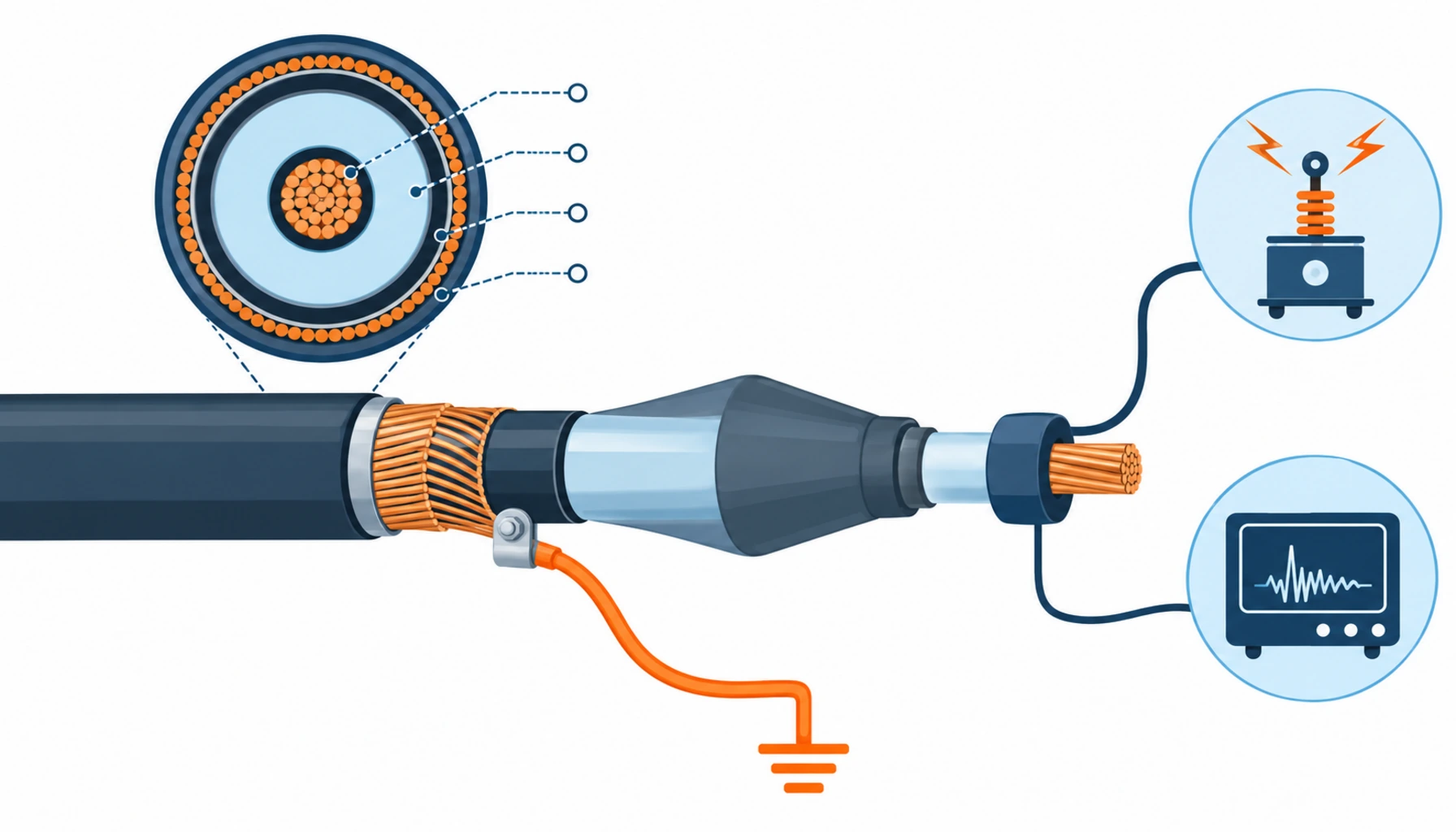 Flat infographic comparing medium voltage cable termination types for data center substations: heat shrink, cold shrink and pre-moulded push-on termination bodies drawn side by side on prepared cable ends