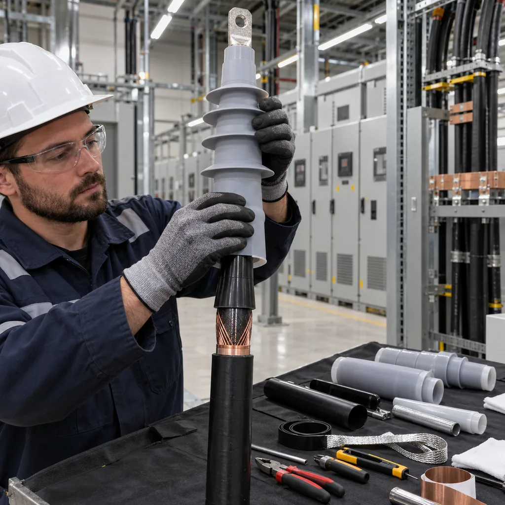 A skilled technician assembling a cold shrink medium voltage cable termination on an XLPE cable inside a data center substation, with a stress cone and copper screen visible