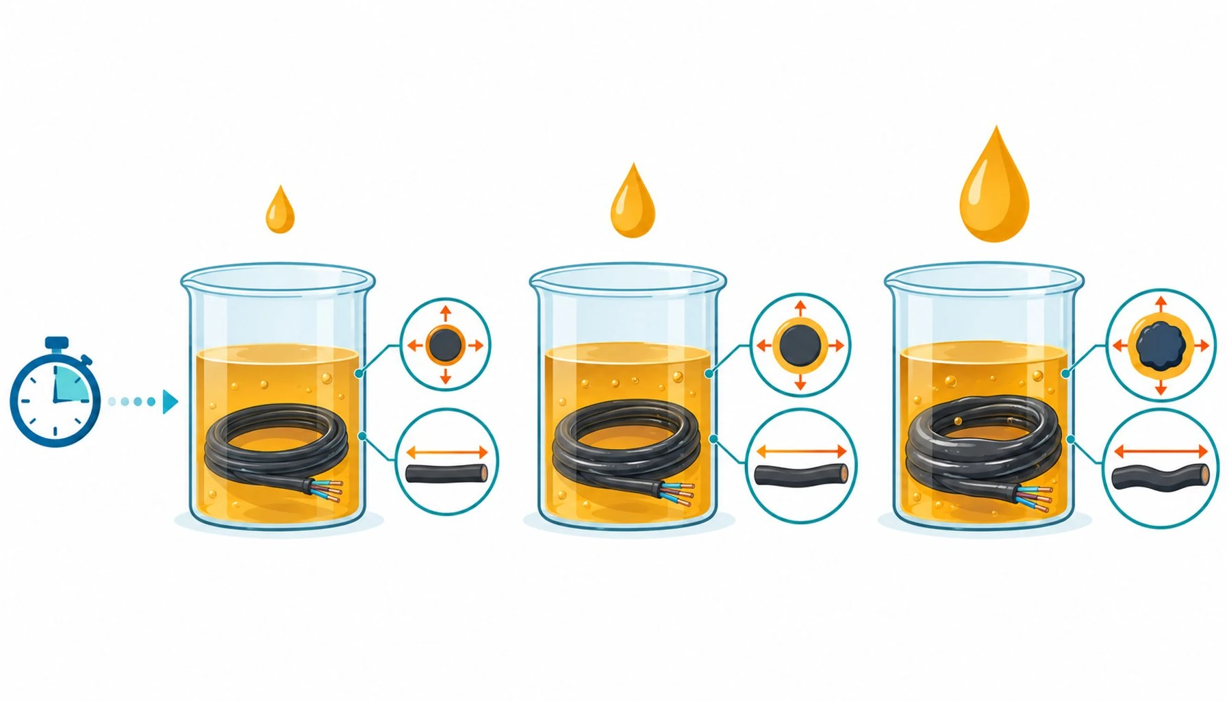 Flat infographic of three beakers labeled by droplet size icons with a cable sample inside each, beside a swell gauge and an elongation gauge