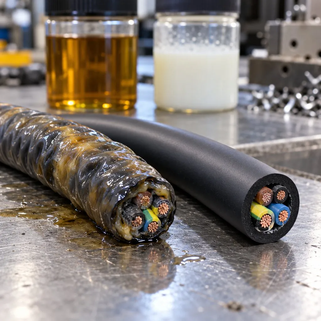 A machine cable jacket swollen and discolored from coolant exposure lying beside a healthy PUR jacket sample on a workbench