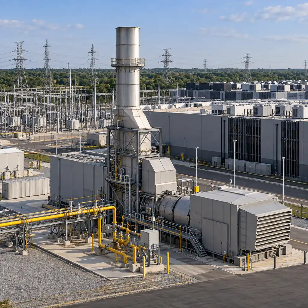 An on-site gas turbine hall beside a hyperscale data center campus with an exhaust stack, fuel gas pipework and a generator enclosure visible, a substation and transmission towers behind, industrial daylight lighting, no readable text, no labels
