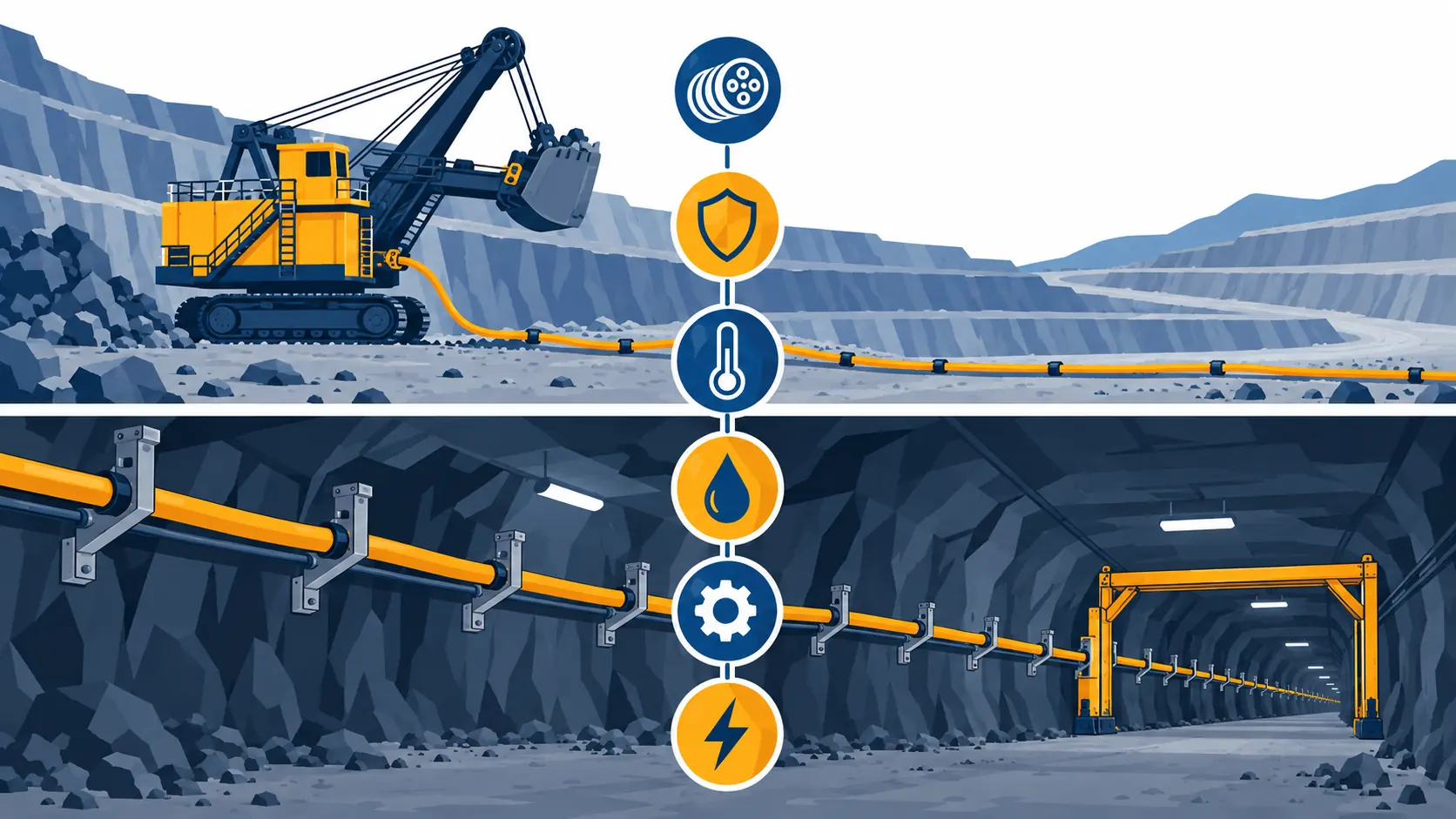 Flat infographic splitting open-pit and underground mining cable duty: an open-pit bench with a trailing cable on the left, an underground roadway with a fixed feeder on the right, and a row of shared specification clauses between them