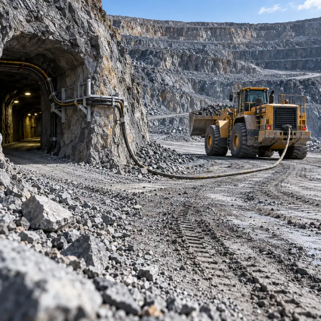 An open-pit mining bench with a trailing cable running to a wheel loader beside an underground roadway portal with fixed cable on brackets, dust and gravel in the foreground, hard daylight, no readable text, no labels